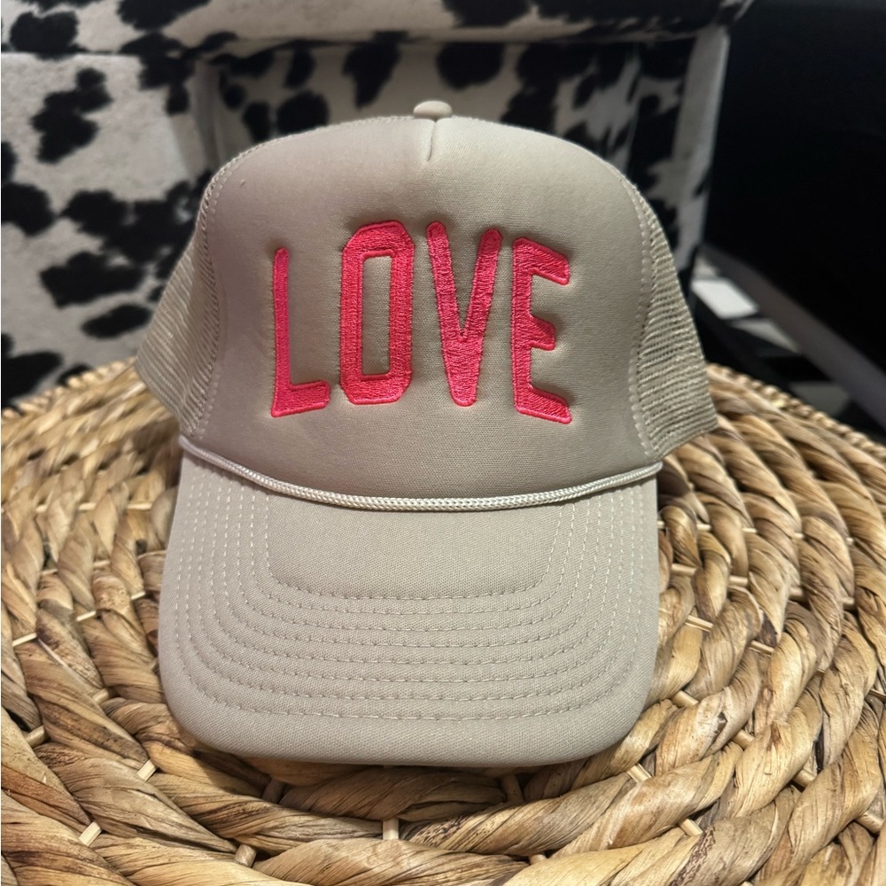 Tan Cap with Pink LOVE Embroidery